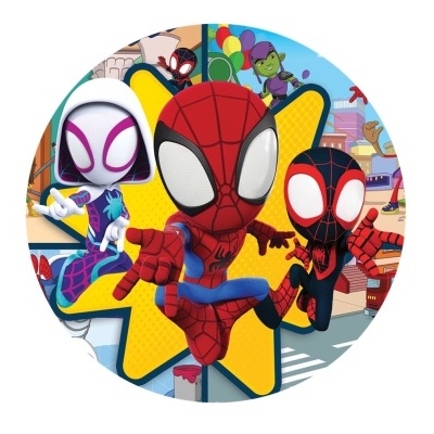 Imagem redonda dos personagens animados Spider-Man com fundo colorido de cidade.