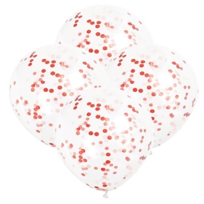 6 balões transparentes com confetti vermelho