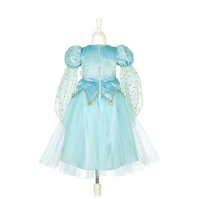 Vestido infantil azul turquesa com tule e estrelas douradas