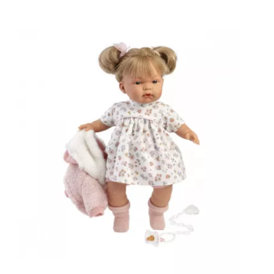 Boneca bebé com vestido branco estampado e acessórios cor-de-rosa