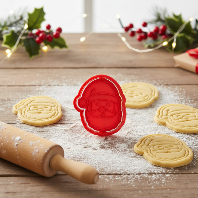 Cortante de bolachas vermelho em forma do rosto do Pai Natal com bolachas cortadas em massa crua polvilhada com farinha e um rolo de madeira.