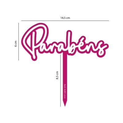 Decorativo para bolo com a palavra Parabéns em branco e rosa, com medida e estaca com texto Just Add Love