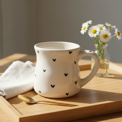 Caneca branca com corações pretos numa bandeja de madeira com colher dourada