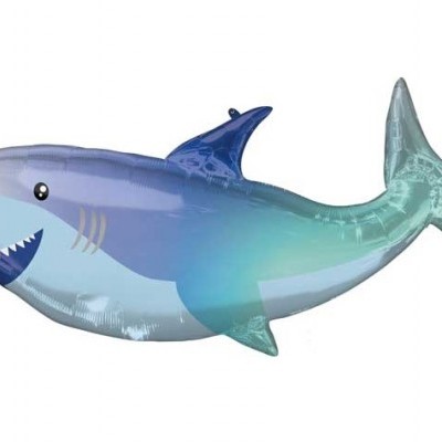 Balão formato tubarão azul com olhos e dentes