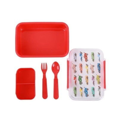 Caixa de Lanche com Colher e Garfo Carros