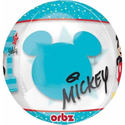Balão redondo azul com orelhas e texto Mickey e 1ST Birthday