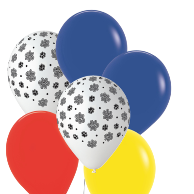 Balões coloridos e balões brancos com padrão de patas pretas