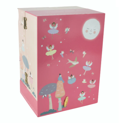Caixa cor-de-rosa com ilustrações de fadas, cogumelos e uma lua sorridente