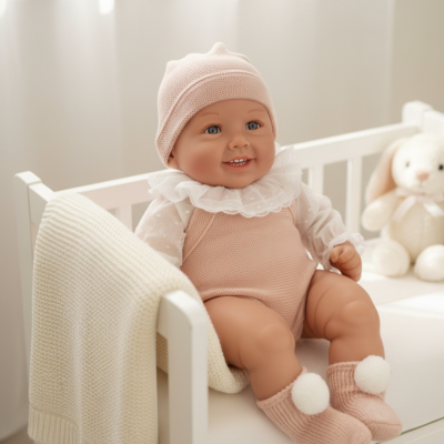 Boneca bebé realista com roupa rosa sentada numa cama branca com manta bege e coelho de peluche atrás