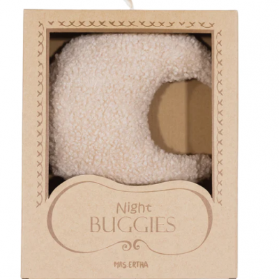 Almofada cor creme em forma de U na embalagem de cartão com texto Night BUGGIES MRS. ERTHA