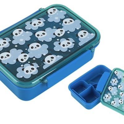 Caixa de almoço azul com tampa estampada de pandas em fundo azul escuro