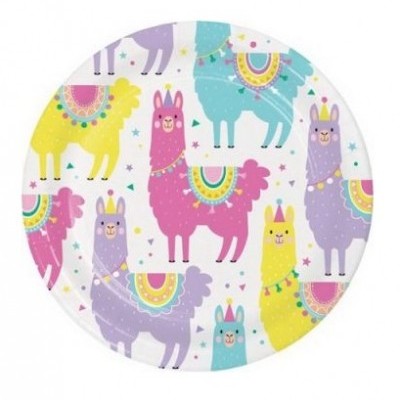 Prato redondo com estampa de lhamas coloridas sobre fundo branco