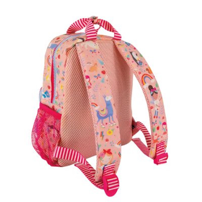 Mochila infantil rosa com padrão colorido e bolso lateral em rede