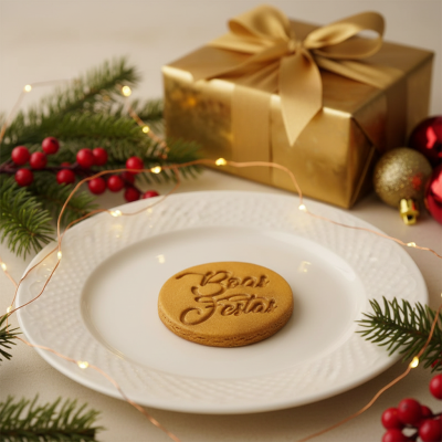 Biscoito Boas Festas num prato branco com decoração natalícia