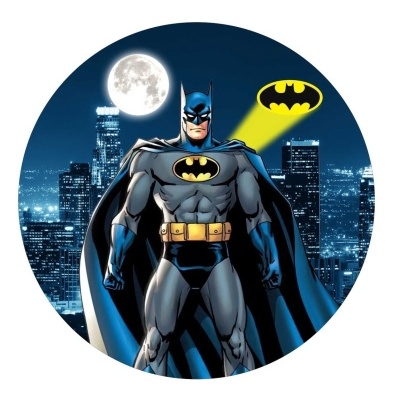 Imagem circular do Batman com sinal do morcego amarelo à noite