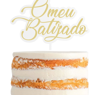 Bolo nu com decoração dourada 'O meu Batizado'