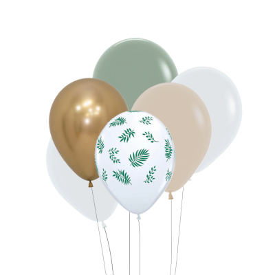 Seis balões de cores verde, branco, bege e dourado, com um balão branco estampado com folhas verdes.