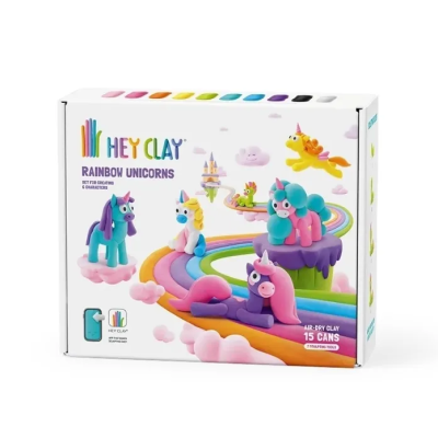 Caixa Hey Clay Rainbow Unicorns com massinha de modelar e figuras de unicórnios coloridos.