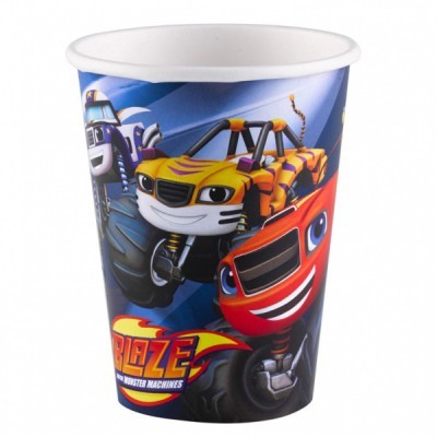 Copo de papel com personagens de Blaze and the Monster Machines em fundo azul