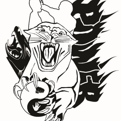 Desenho gráfico a preto e branco com tigre, urso, figuras humanas e texto 'Bears' em chamas