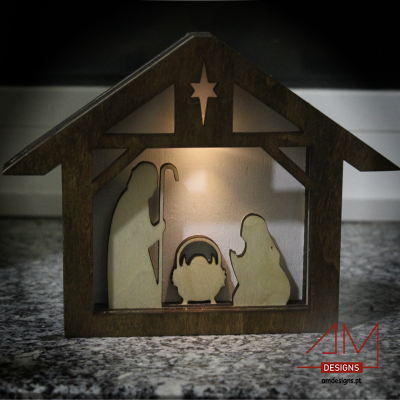 Mini-Presépio em Madeira com Iluminação LED