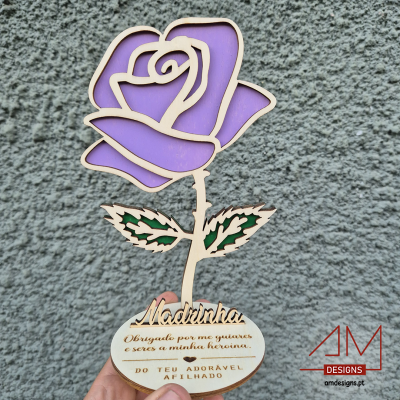 Rosa em Madeira Personalizável para Madrinha – Nome e Mensagem Gravada