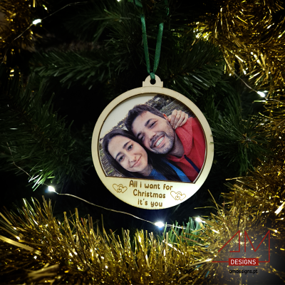 Bola de Natal em Madeira com Fotografia e Frase Personalizada