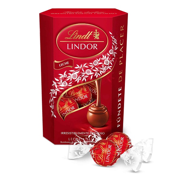 Bombons de Chocolate de Leite Lindor Cornet Embalagem vermelha de chocolates Lindt Lindor e duas trufas embrulhadas