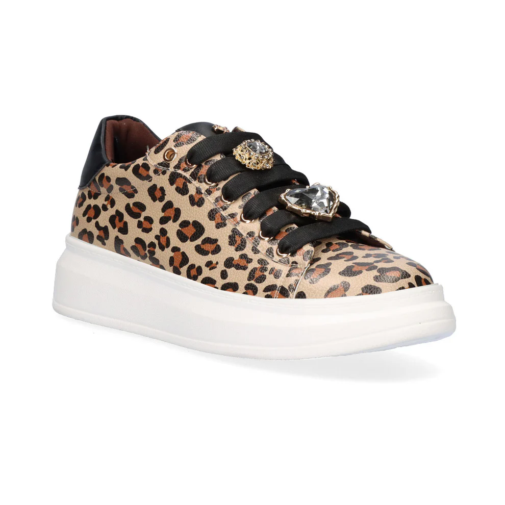 Sapatilhas Exé66-51EX79 Leopardo Sapatilha tipo ténis com padrão de leopardo, sola branca espessa e atacadores pretos com acessórios metálicos