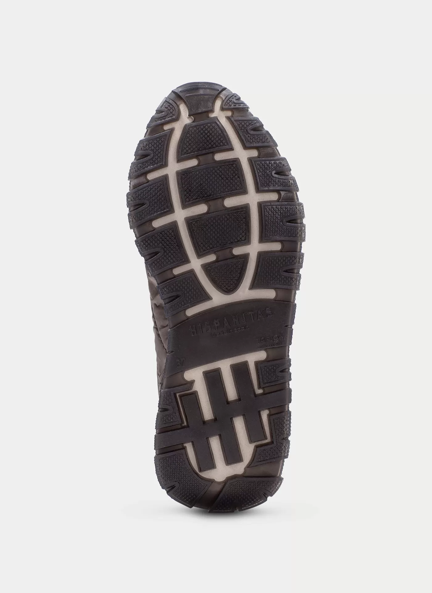 Sapatilha Hispanitas HV254222 Black/Taupe Sola preta de sapato com relevo e texto VIBRAM