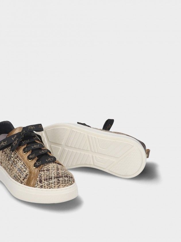 Sapatilha MLV Anita.20 Gold Tênis femininos em padrão tweed castanho e bege com atacadores pretos e sola branca