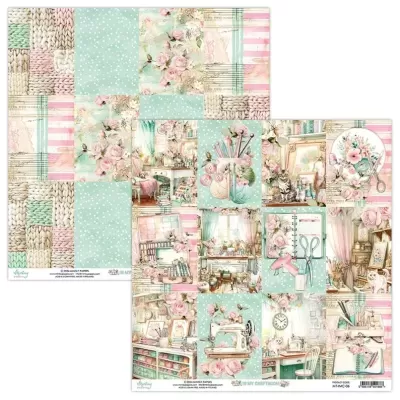 Folhas de papel decorativo para scrapbook com padrões em tons pastel e motivos vintage.