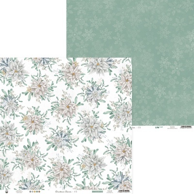 Papel de embrulho com padrão floral e verso verde com flocos de neve.
