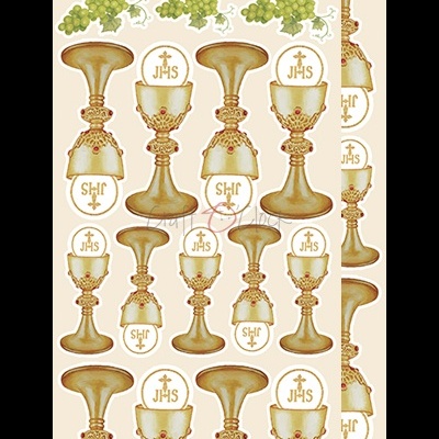 Autocolantes de cálices dourados, uvas verdes e círculos com JHS