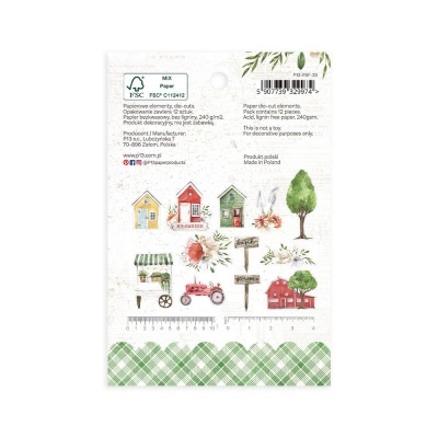 Pacote de etiquetas decorativas de papel com desenhos coloridos e padrão xadrez verde