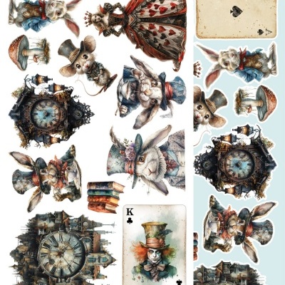 Desenhos inspirados em Alice no País das Maravilhas com cartas, coelhos, relógios e objetos antigos