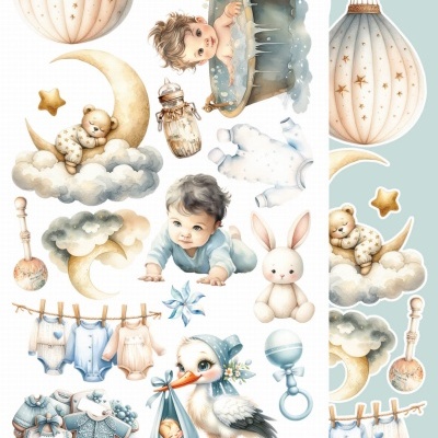 Ilustrações de balões, animais e bebés em tons pastel para decoração infantil.