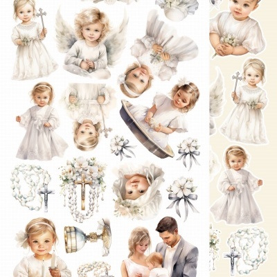 Ilustrações de crianças em roupas brancas com símbolos de batizado e anjos