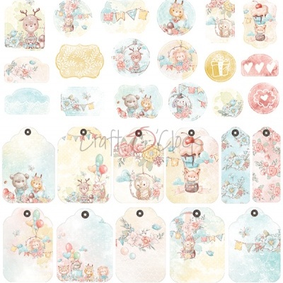 Etiquetas decorativas de papel com desenhos infantis coloridos e padrões suaves.