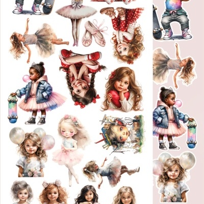 Adesivos coloridos de meninas em várias poses, com roupas de balé, jeans, skate e balões.
