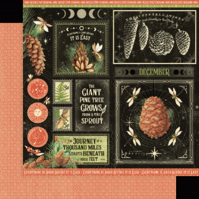 Ilustrações de pinhas, abelhas e textos em inglês sobre fundo decorativo vermelho