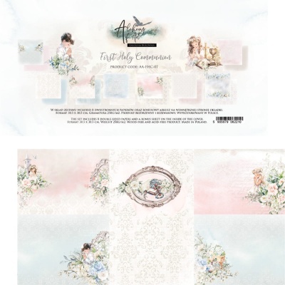 Papel de embalagem decorativo para Primeira Comunhão com padrões florais e religiosos