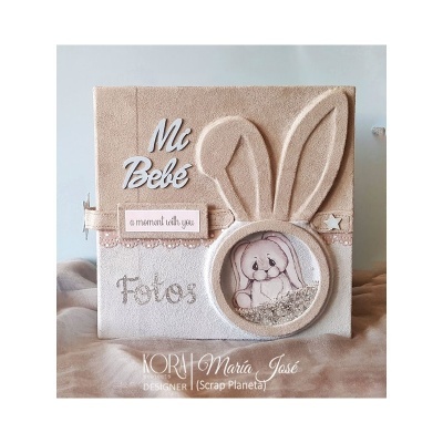 Álbum de fotos de bebé com design de coelho e texto decorativo em tecido