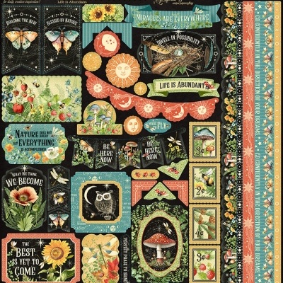 Elementos gráficos diversos para scrapbooking com borboletas, flores, cogumelos e textos inspiradores