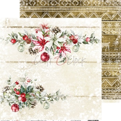 Papel de artesanato natalício com flores, pinhas, bolas de Natal e textura listrada marrom e bege