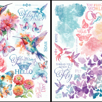 Conjunto de ilustrações coloridas de beija-flores, borboletas e flores com textos inspiradores.