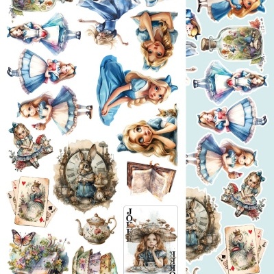 Autocolantes vintage de personagens femininas, coelhos, objetos de chá e cartas.