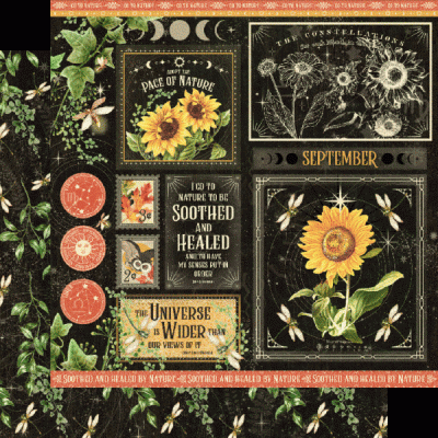 Padrão decorativo com girassóis, insetos, texto em inglês sobre natureza e cosmos, cores verde, amarelo, preto, vermelho e branco.