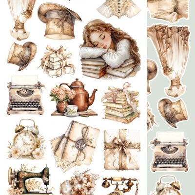 Ilustrações vintage em tons neutros com objetos antigos e figuras femininas.