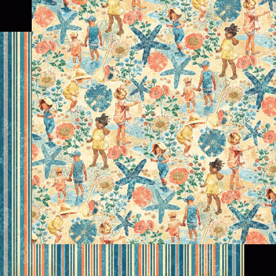 Papel decorativo com padrão infantil de crianças na praia e riscas coloridas